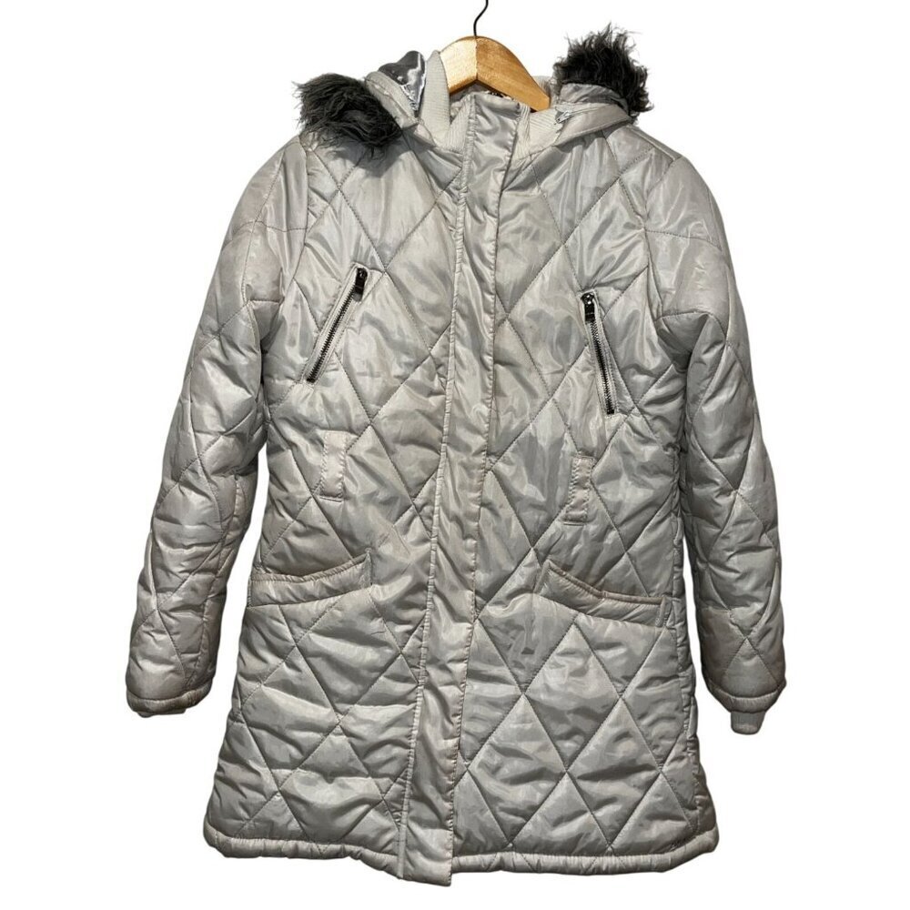 DKNY Quilted Silver Hooded Coat W/ Faux Fur Trim & Pockets Women's Size XL